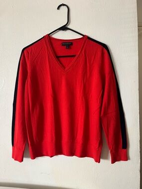 Banana Republic Red V-Neck 100% Merino Wool Sweater with Black Sleeve Stripes